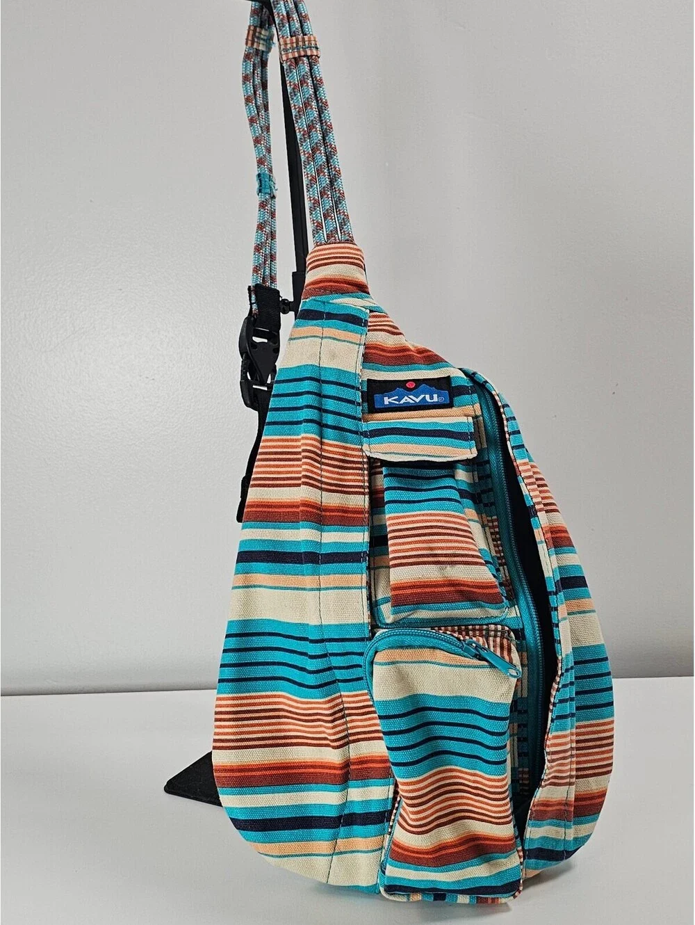 KAVU Striped Canvas Rope Bag with Multiple Pockets